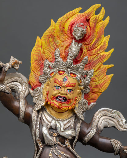 Close view of Trakpo Sumtril statue, oxidized copper details with silver plated ornaments and craftsmanship