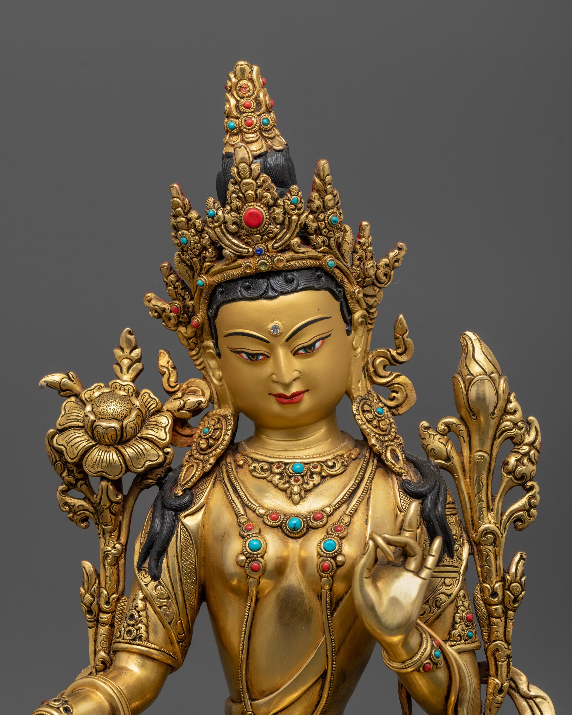 Close -up of Premium copper Green Tara Buddhist statue with intricate detailing