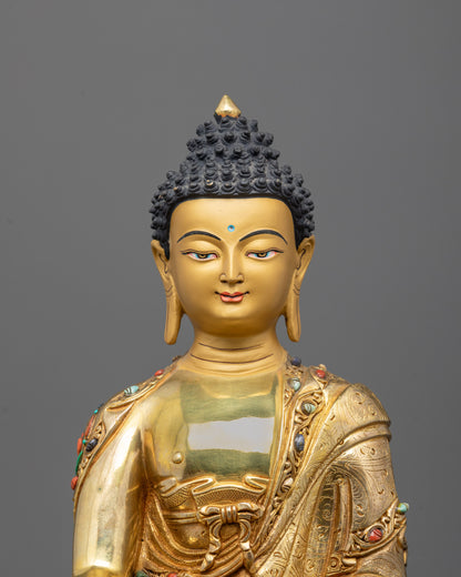 Close Angle of Copper Shakyamuni Buddha Statue with Radiant Gold Polish
