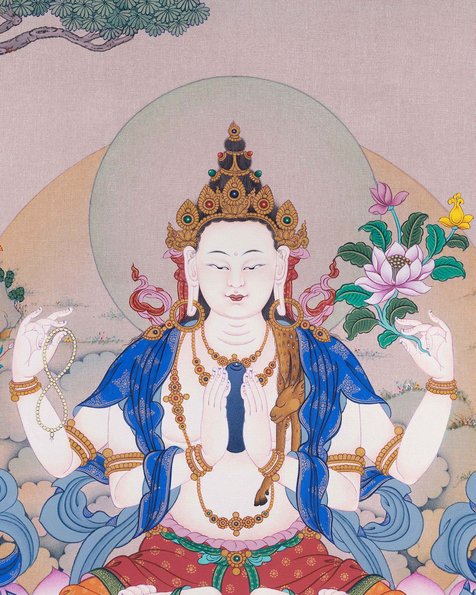 Chenrezig Thangka Print close up detail Avalokiteshvara face Tibetan artwork Nepal