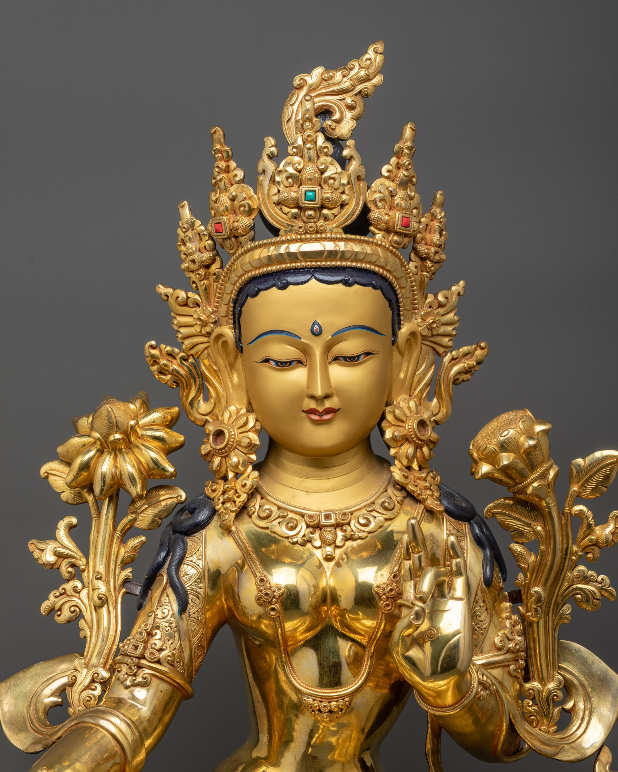 Close View Green Tara statue showing jeweled crown, robes, and semi-precious stone details