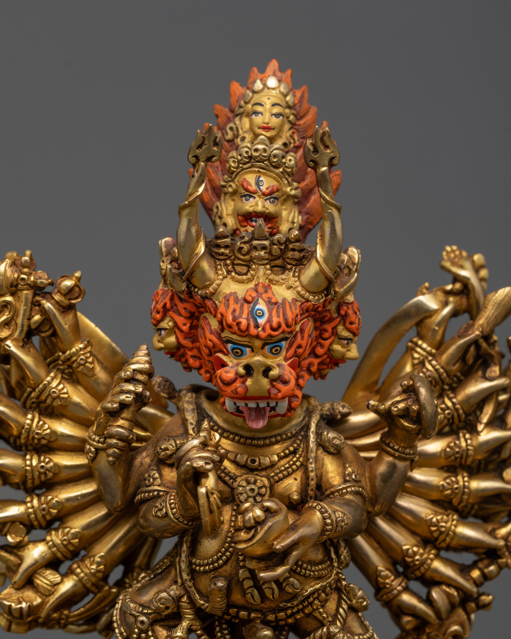 Close image of Handcrafted Yamantaka Tibetan protector deity statue with lotus pedestal
