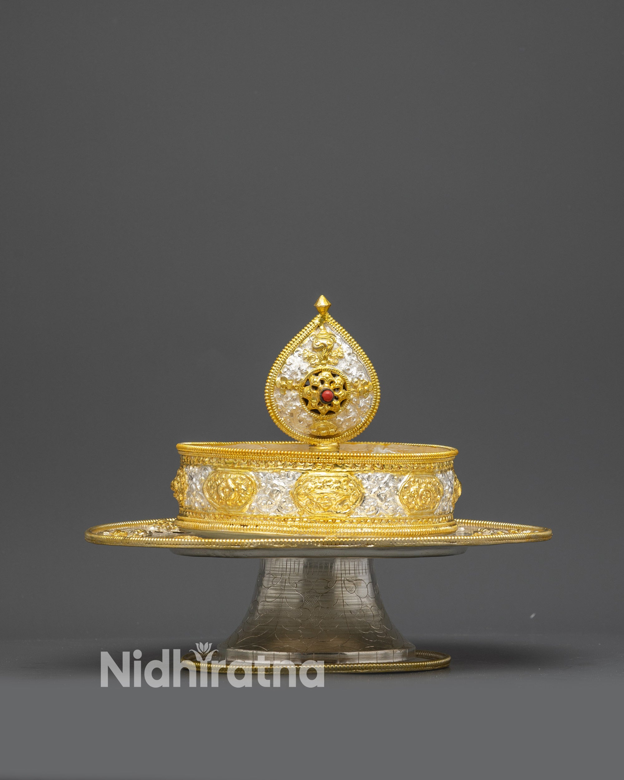 Close up 5" Mandala top ring showing gold-plated auspicious symbols