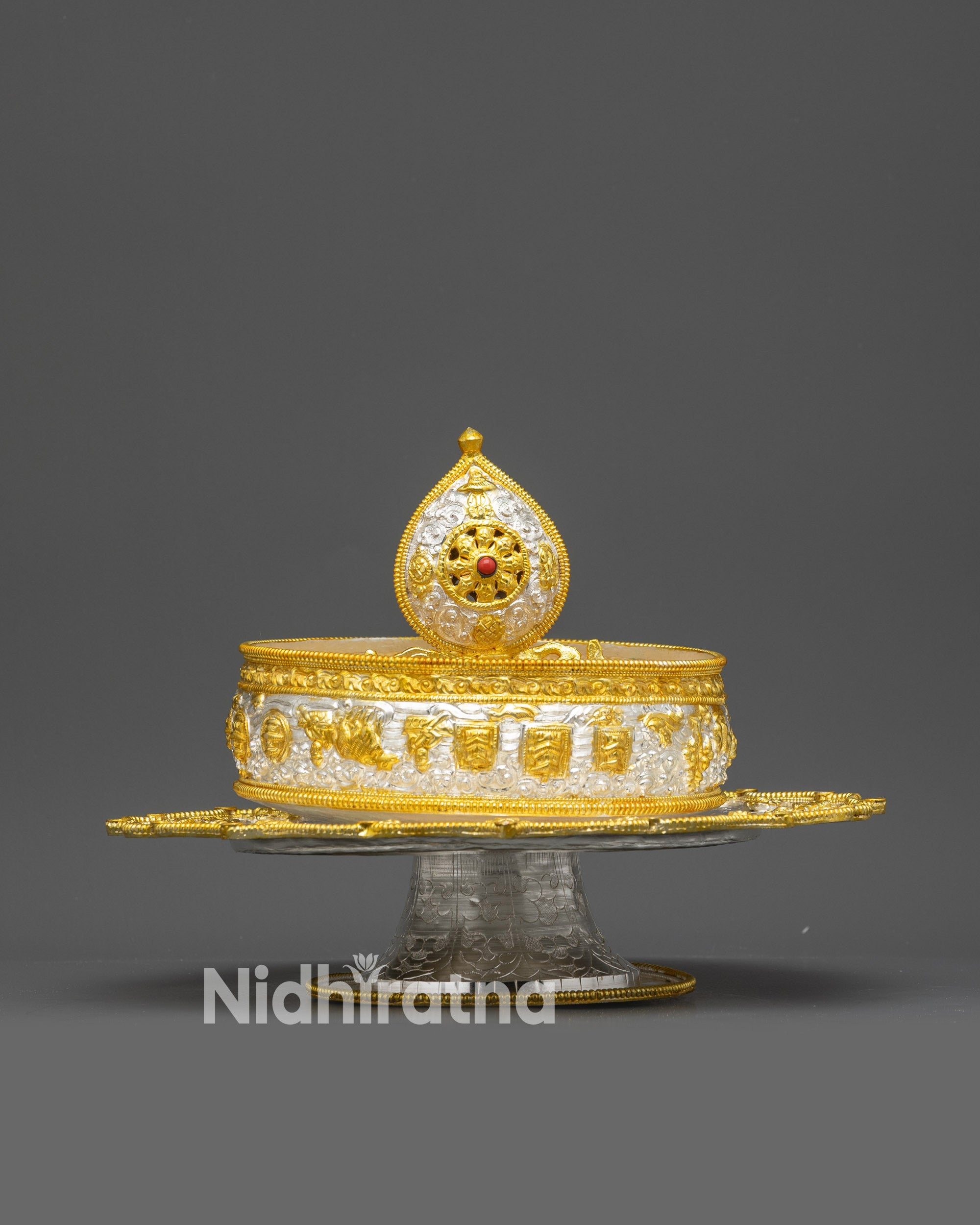 Close up 6-inch Mandala rings with gold-plated symbols and silver & gold finish