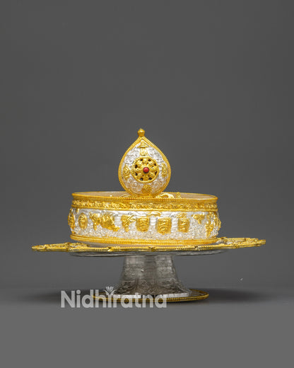 Close up 6-inch Mandala rings with gold-plated symbols and silver & gold finish