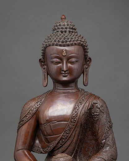 Close up Amitabha Buddha gold-painted face, handcrafted Nepalese Buddhist meditation statue