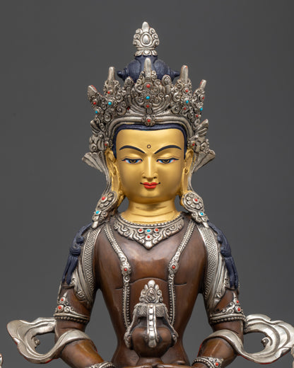 Close up Amitayus Buddha face showing dhyana mudra, gold-gilded face, longevity deity details
