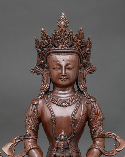 Close up Amitayus Buddha face with five-jeweled crown, symbol of longevity and wisdom