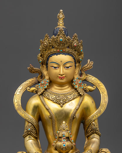 Close up Amitayus Buddha holding nectar vase and wearing five-jeweled crown
