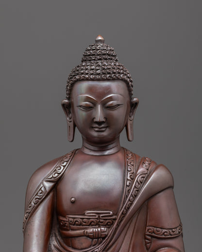 Close up Authentic Nepalese Buddha sculpture, oxidized copper finish