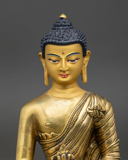 Close up Bhaisajyaguru gold-painted face holding medicinal plant and medicine bowl