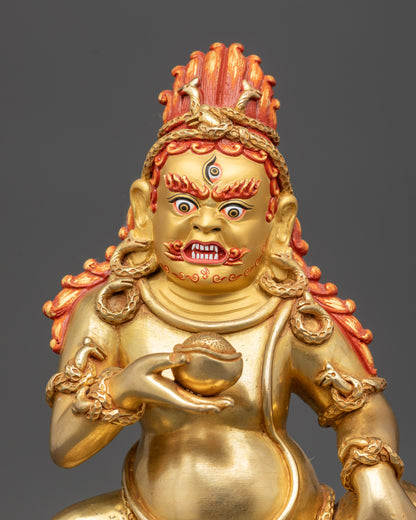 Close up Black Dzambhala Nagpo face with flaming red hair and fierce expression