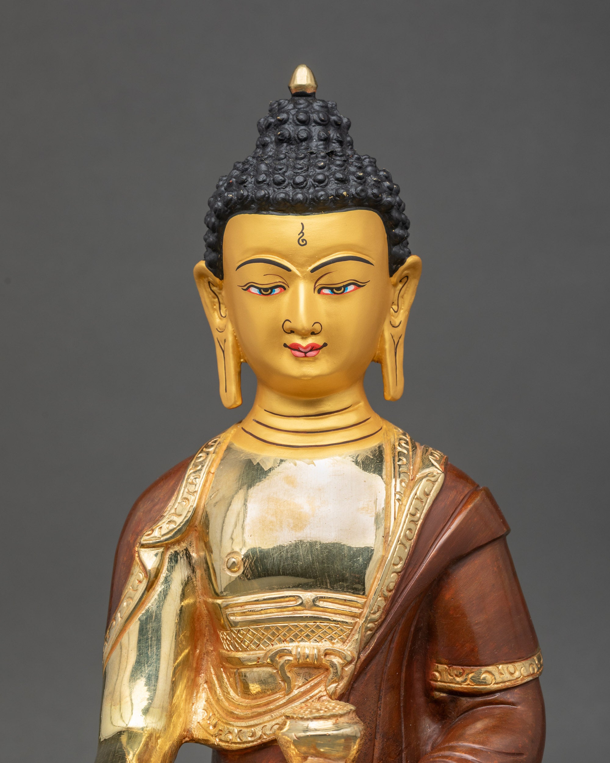 Close up Buddha Shakyamuni earth touching mudra hand-painted Himalayan art