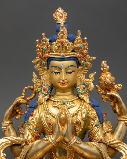 Close up Chenrezig face, gold-painted, intricate details, Bodhisattva of Compassion