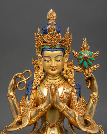 Close up Chenrezig face, serene gaze, gold-painted copper, Newari artisan craftsmanship