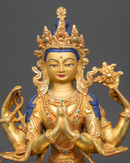 Close up Chenrezig face with five-jeweled crown and ornate earrings