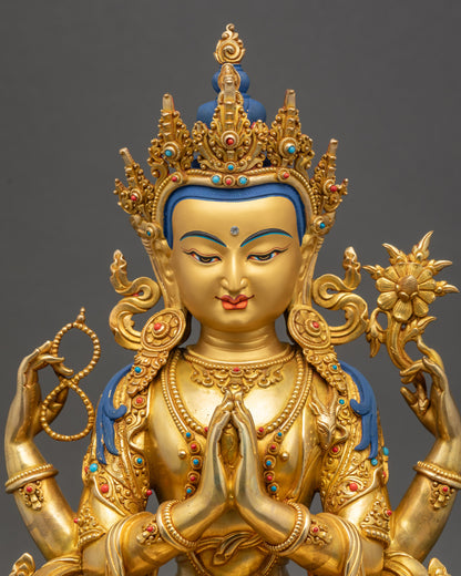 Close up Chenrezig golden face five-jeweled crown Bodhisattva of Compassion