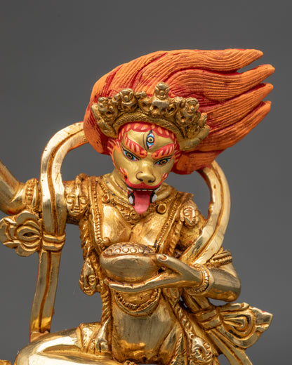 Close up: Close up Simha Mukha Dakini face, lion-like expression, gold-painted, hand-painted colors