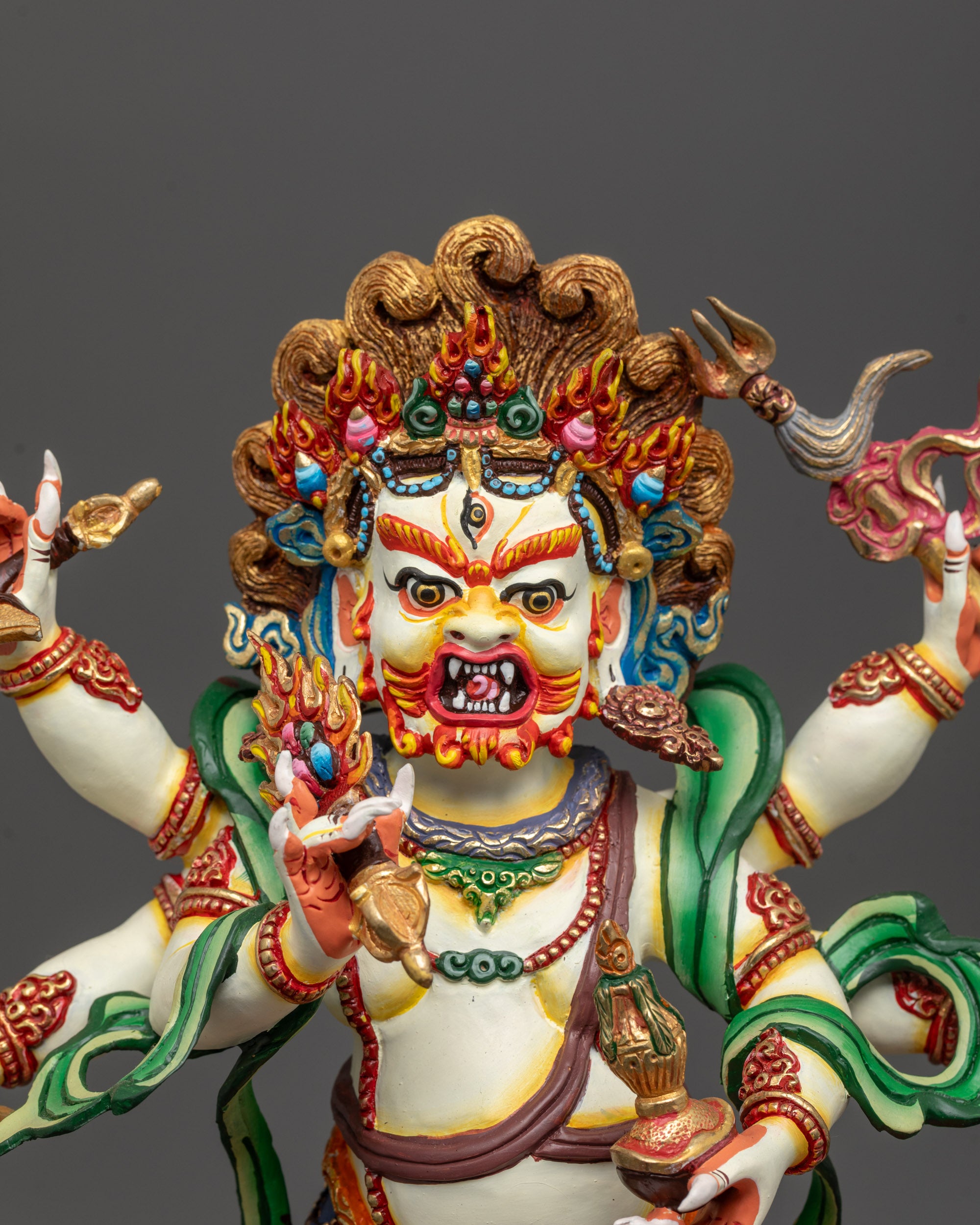 Close up Copper-based White Mahakala Statue with white acrylic body