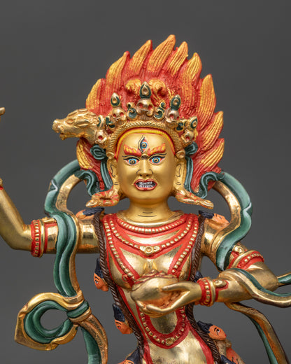 Close up Dorje Phagmo face, gold-painted copper, rich hand-painted details by Newari artisan