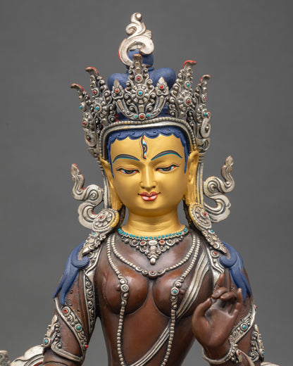 Close up Dukar holding white parasol and Dharma Wheel semi-precious stones Buddhist