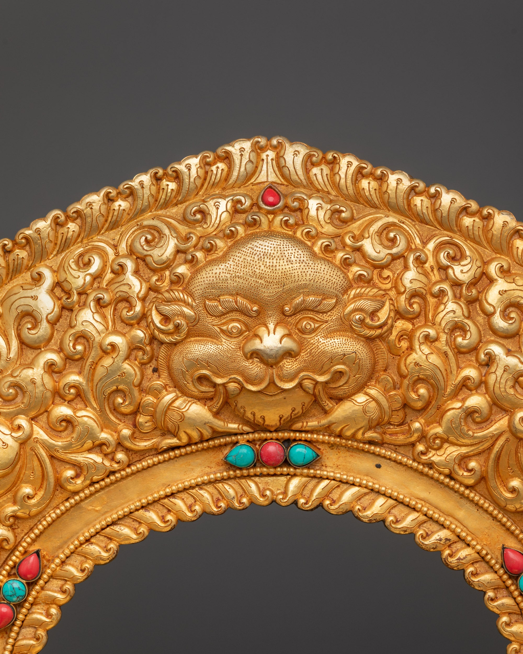 Close up Gold-Gilded Throne carved patterns and semi-precious stones from Nepal
