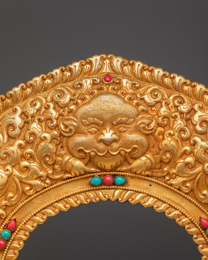 Close up Gold-Gilded Throne carved patterns and semi-precious stones from Nepal

