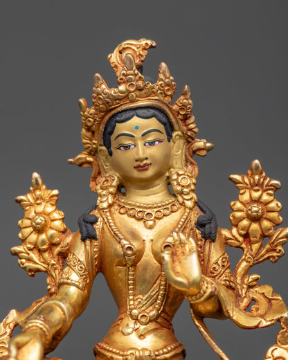Close up Green Tara Figurine 24K gold-gilded Tibetan goddess with utpala lotus details