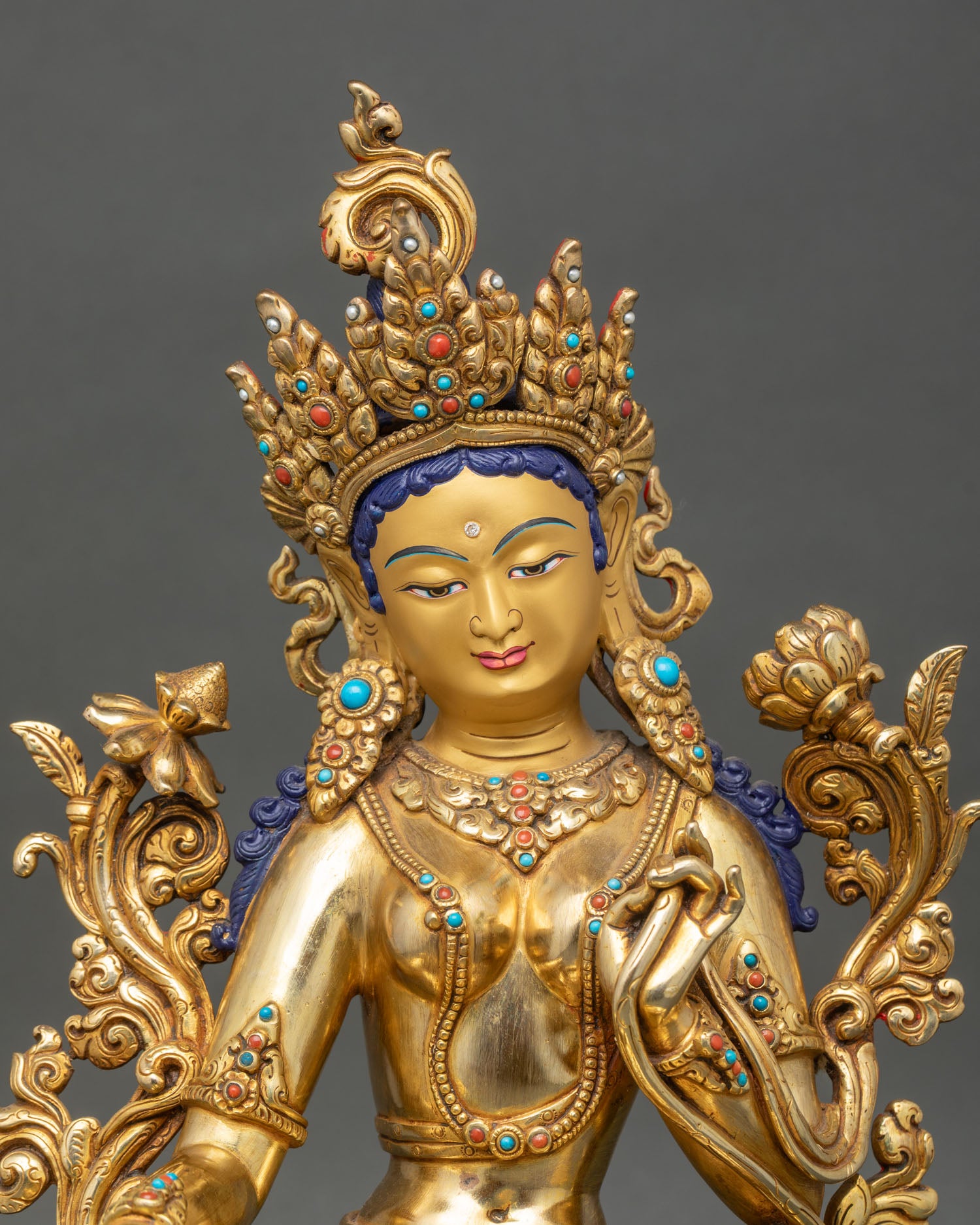 close-up-green-tara-gold-painted-face-turquoise-coral-stone-inlays