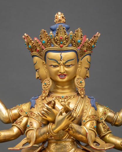 Close up Guhyasamaja multi-arm statue semi-precious stones gold-painted face Himalayan art