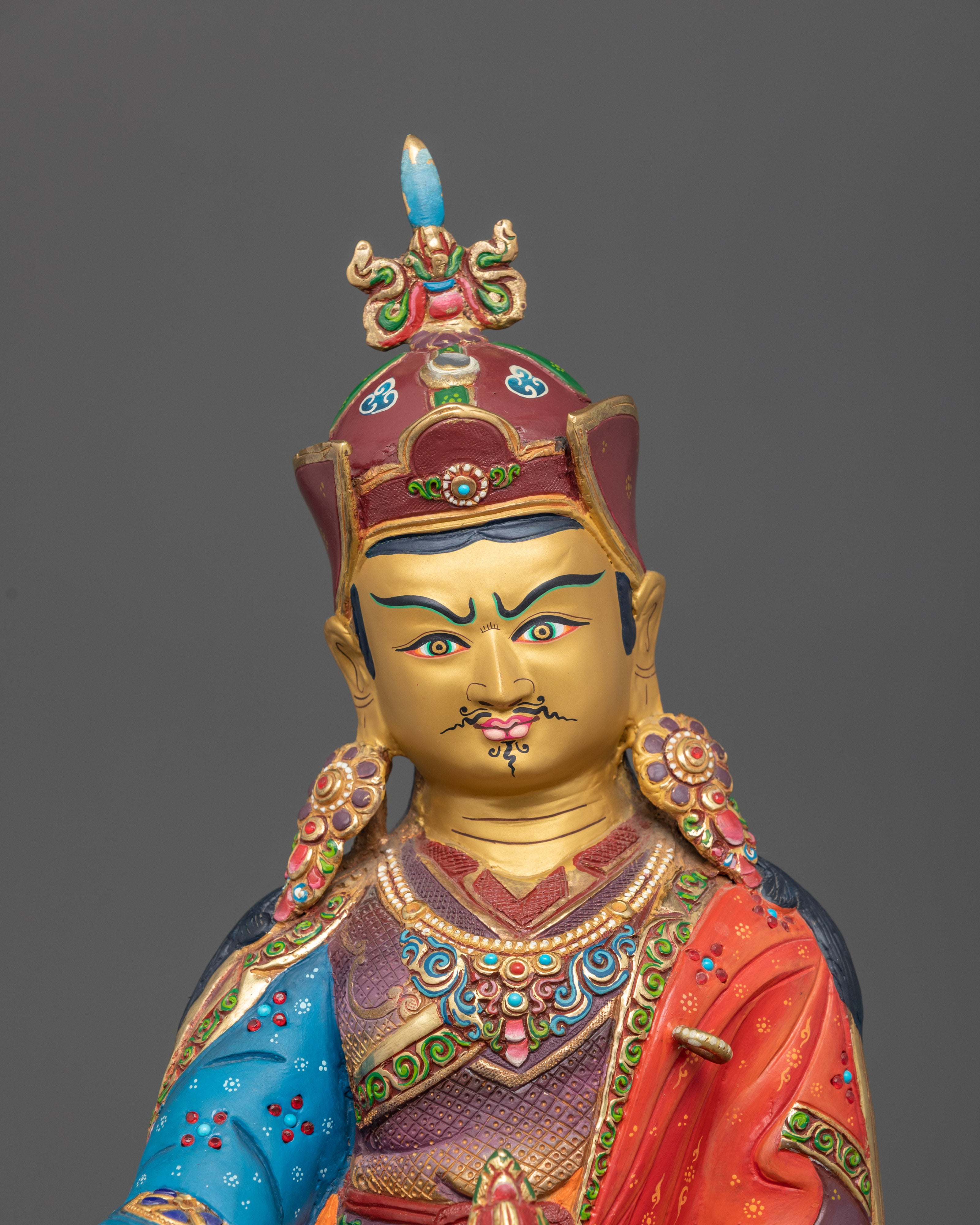 Close up Guru Rinpoche vajra skull cup khatvanga staff hand-painted details