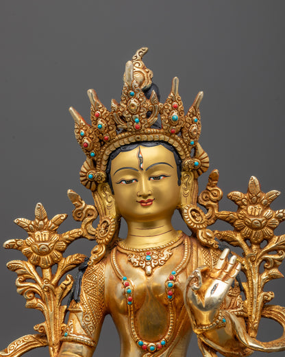 Close-up Hand-carved copper White Tara sculpture from Nepal