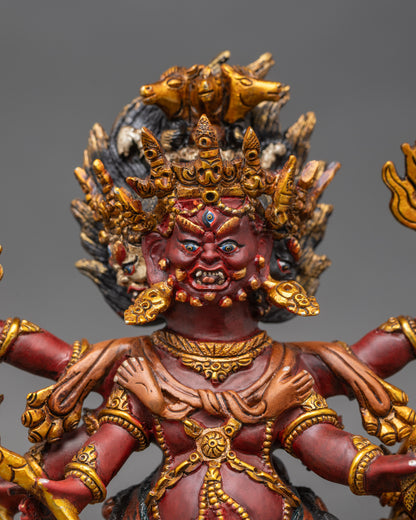 Close up Hayagriva face – fierce expression with intricate Himalayan copper detailing