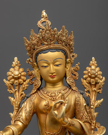 Close up Intricately Carved Green Tara Statue Face | 24K Fire Gold Gilding