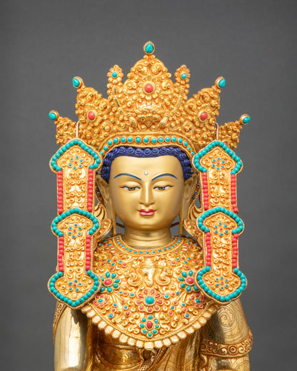 Close up Jowo Rinpoche face with Five-Buddha Crown, golden details, and serene expression