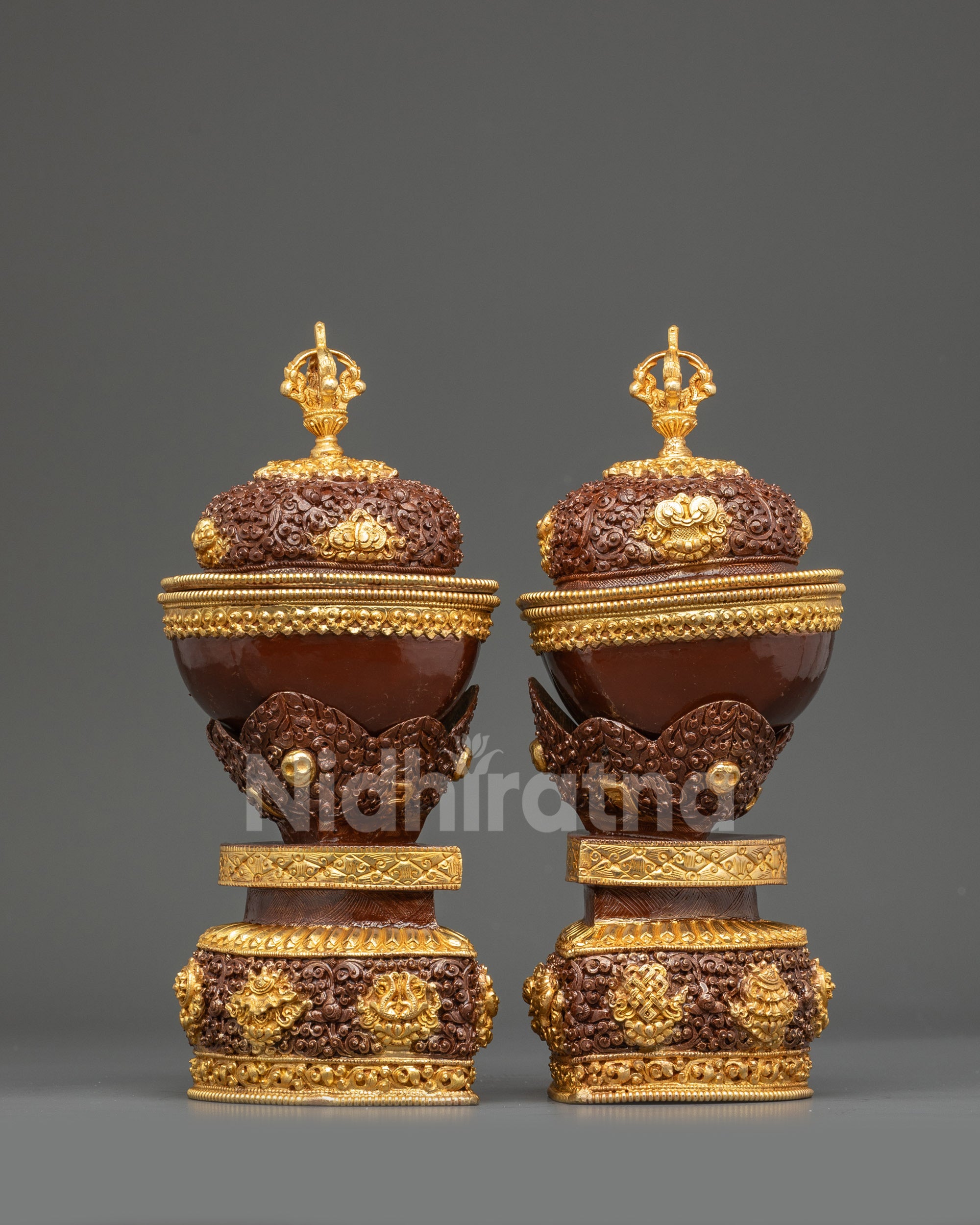 Close up Kapala ritual cup, copper with gold plating, hand-painted tantric symbols, Newari craftsmanship