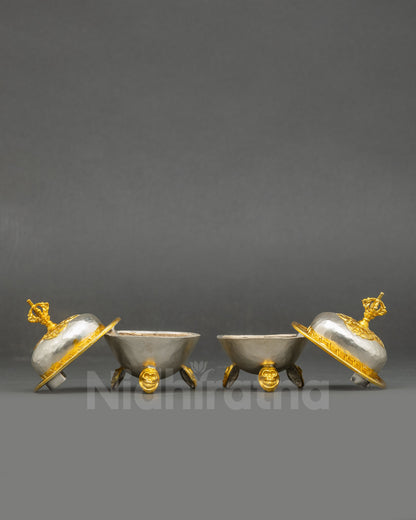 Close up Kapala ritual cup, hand-painted copper with gold and silver plating, Vajrayana offering vessel