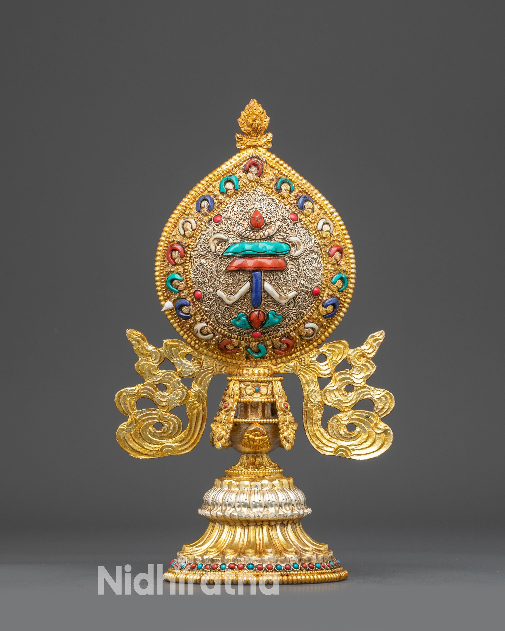 Close up Lotus Flower (Padma) from Ashtamangala set, copper with semi-precious stones