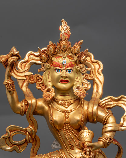Close up Machig Labdron Statue showing semi-wrathful expression and intricate robes
