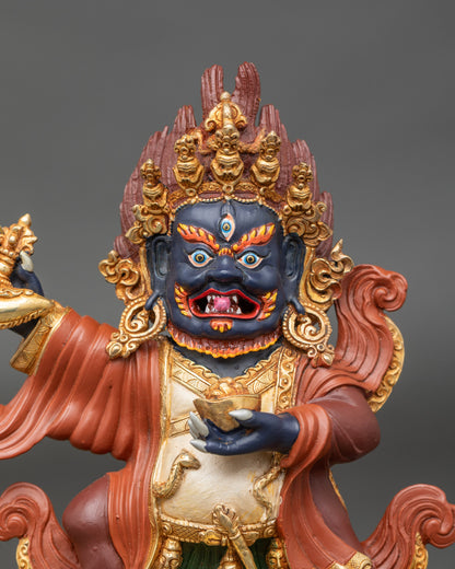 Close up Mahakala Bernagchen face with five-skull crown, flaming halo, and intricate details