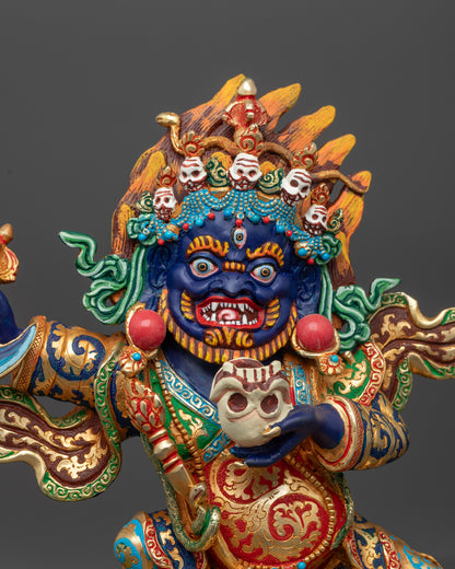Close up Mahakala Bernagchen wrathful face with flaming halo and intricate detailing
