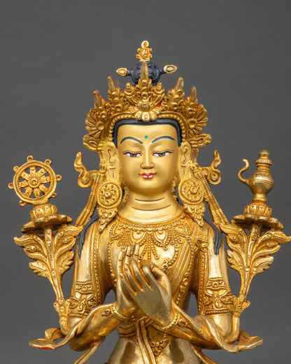 Close up Maitreya Buddha face and Dharmachakra mudra with hand-painted halo details