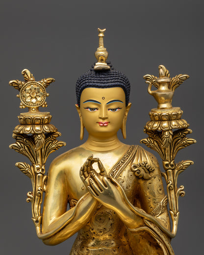 Close up Maitreya Buddha gold-gilded face with serene expression