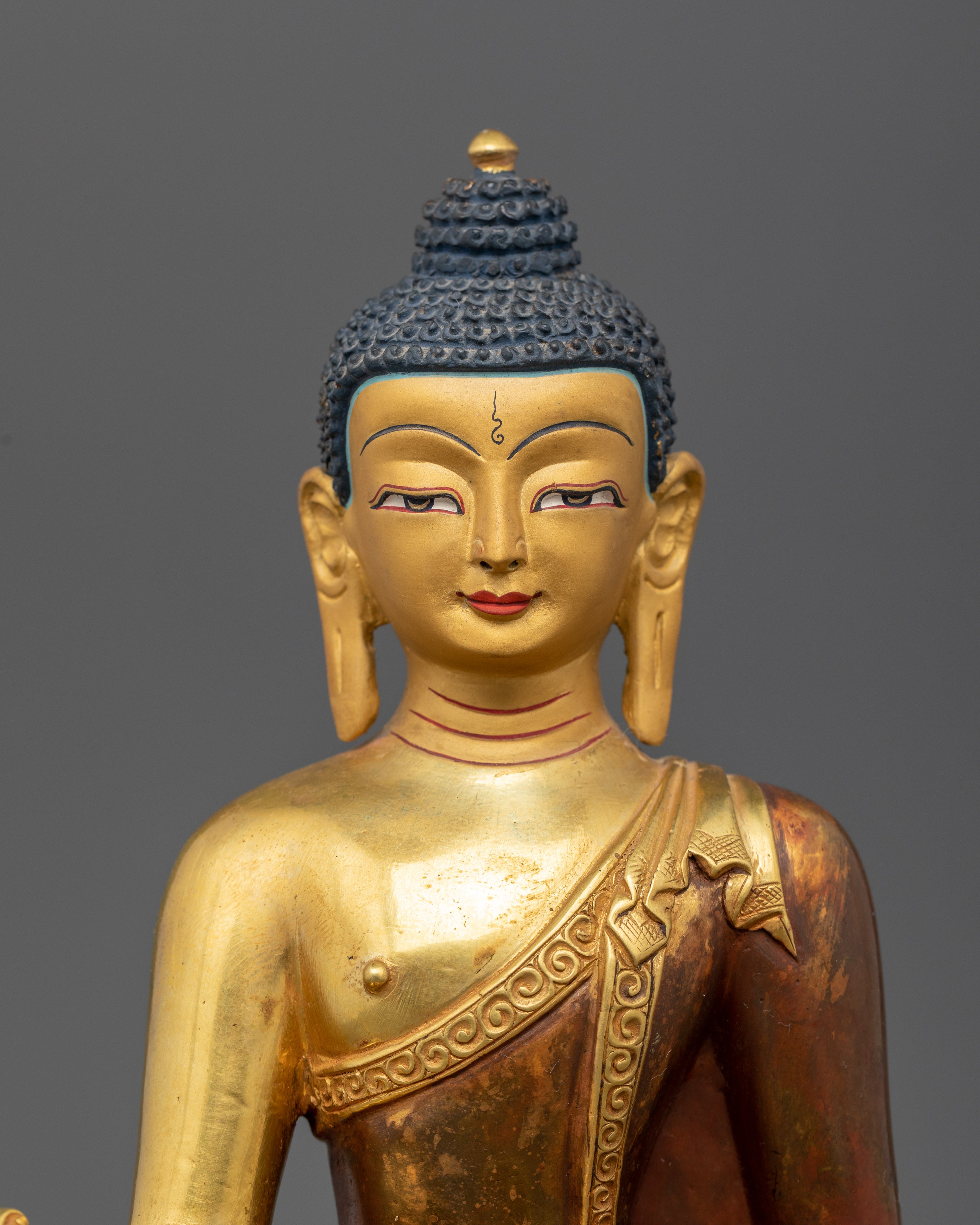 Close up Medicine Buddha gold-painted face myrobalan stem dhyana mudra details