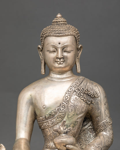 Close up Medicine Buddha holding bowl and myrobalan branch, detailed silver-plated idol