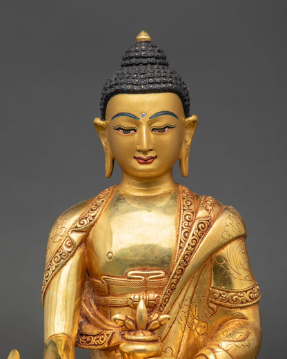 Close up Medicine Buddha holding myrobalan stem and nectar bowl gold-painted face