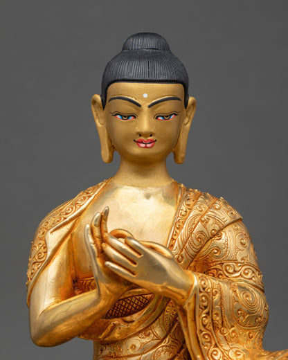 Close up Nagarjun Buddha face gold-painted halo serpents intricate floral details