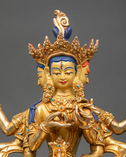Close up Namgyalma face, gold-painted with semi-precious stones, handcrafted Newari art
