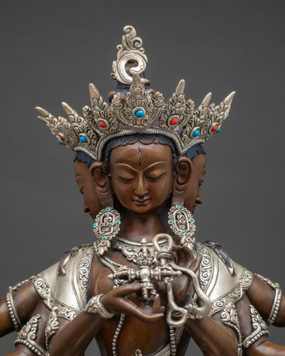 Close up Namgyalma face – three heads with crown and semi-precious stones, Tibetan deity