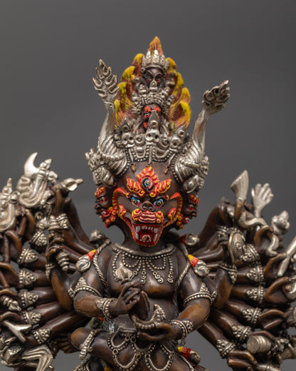Close up Oxidized Yamantaka Vajravetali Statue, kartika knife, kapala and crown details
